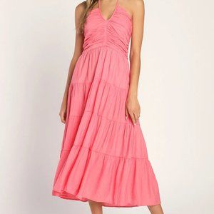 Lulu's Chasing Sun Pink Tiered Keyhole Halter Midi Dress - XL